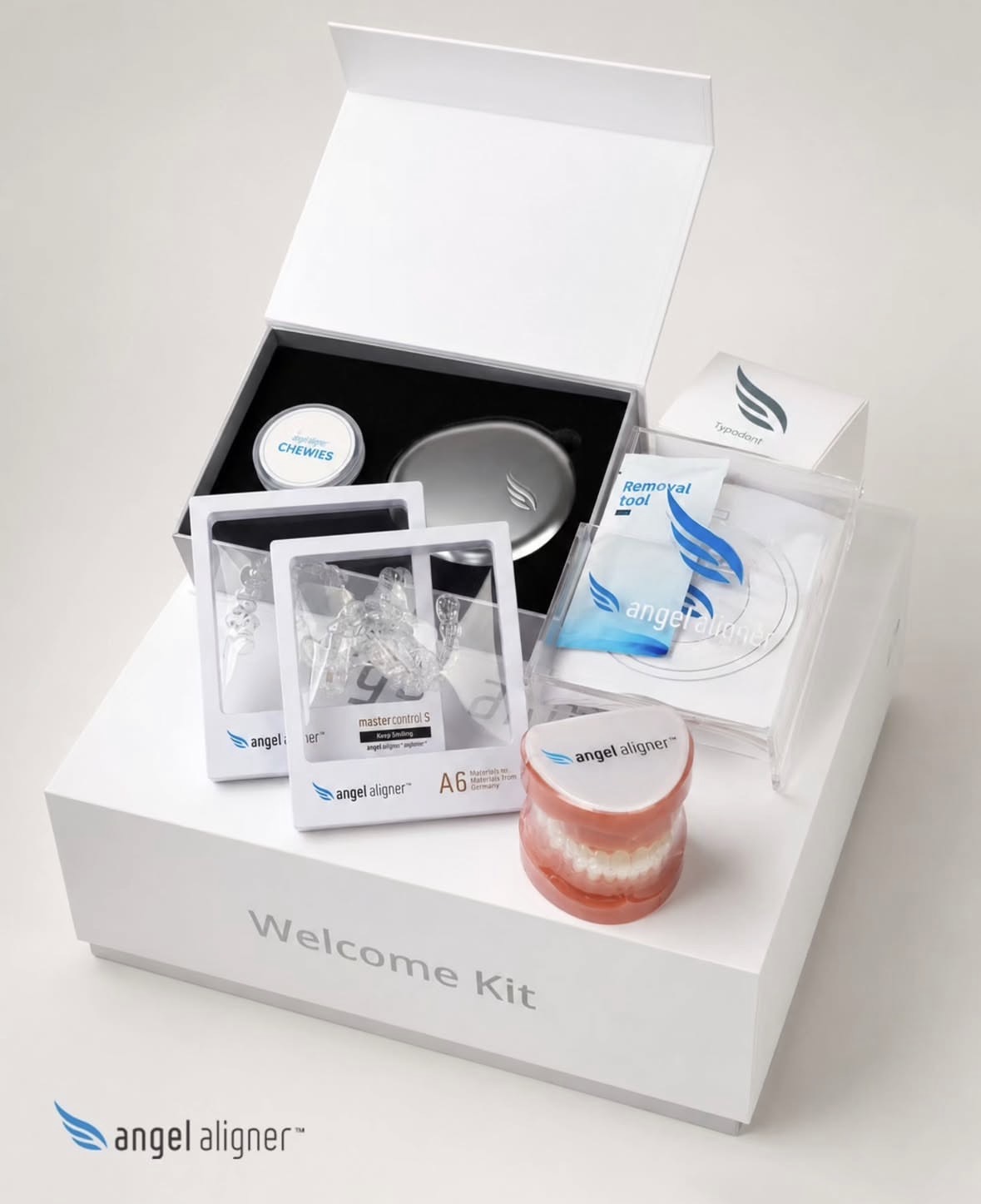 Welcome Kit Angel Aligner com alinhadores, chewies, estojo e ferramenta de remoção